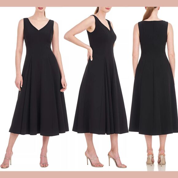 NEW $288 Kay Unger [ 18 ] V Neck Wanda‎ Pleated Crepe Midi Dress Black - Picture 1 of 14